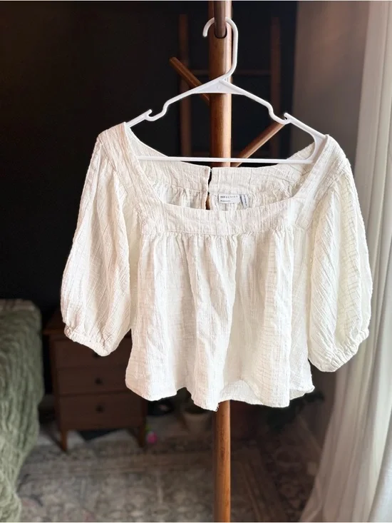 ASOS Cream Textured Square-Neck Puff Sleeve Top - Picture 1 of 3